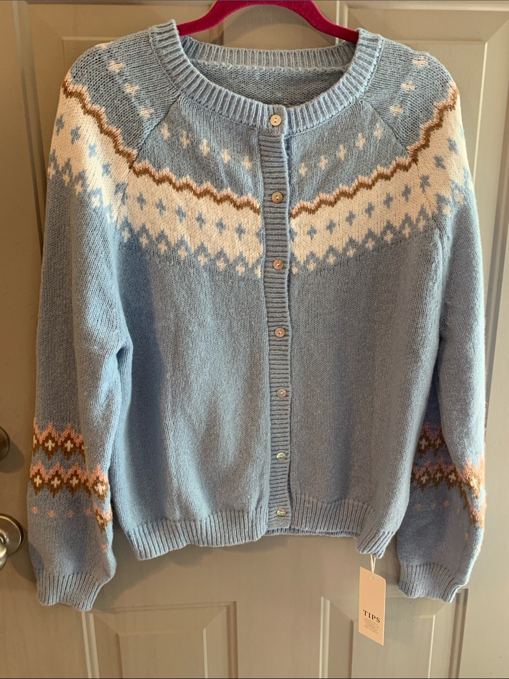 Fair Isle NEW Light Blue Patterned Button-Front Women's Sweater Cardigan Size L